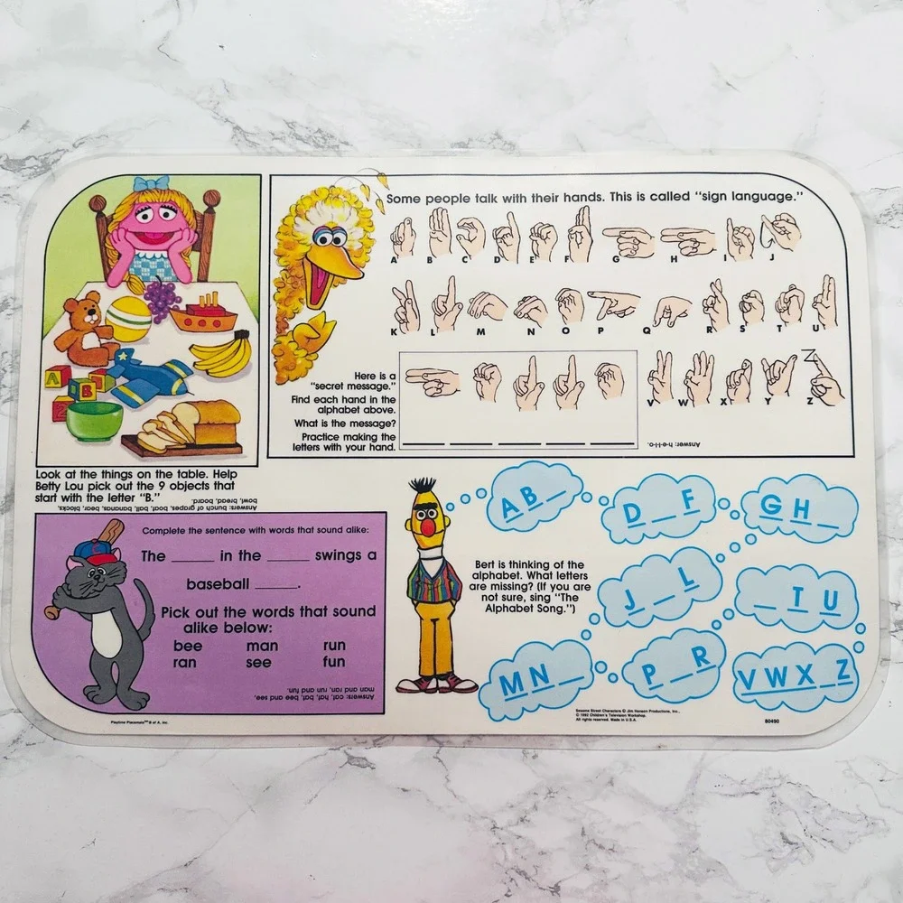 TWO Sesame Street 1992 ASL Sign Language Educational & Character Placemats